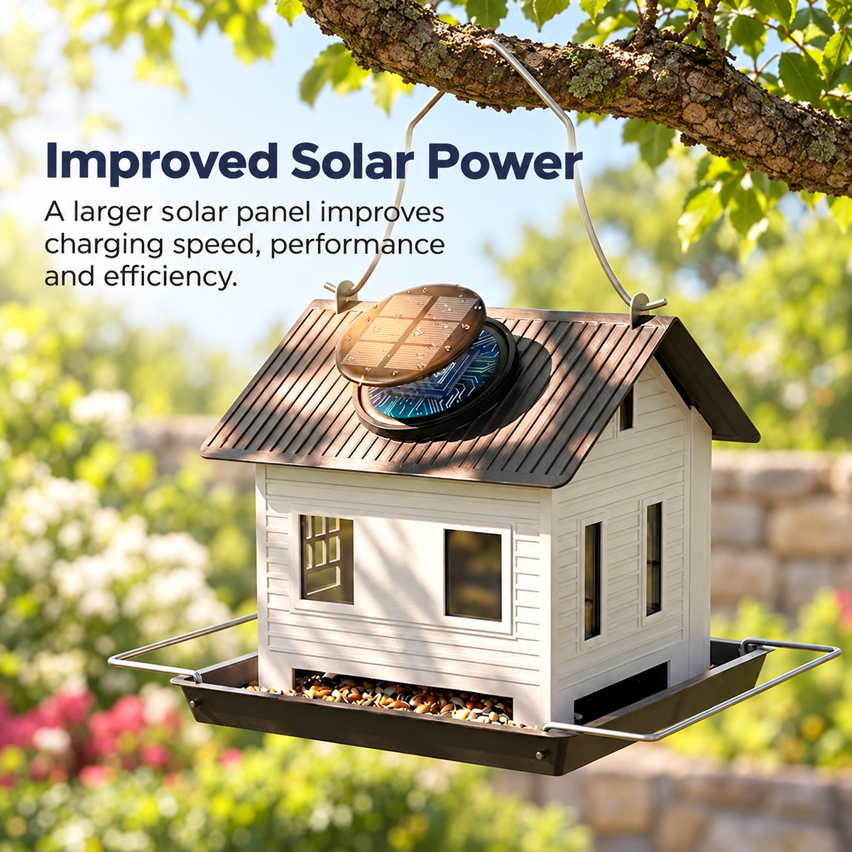 Solar Metal Bird House Feeder with Large Perch, Drainage & LED Light