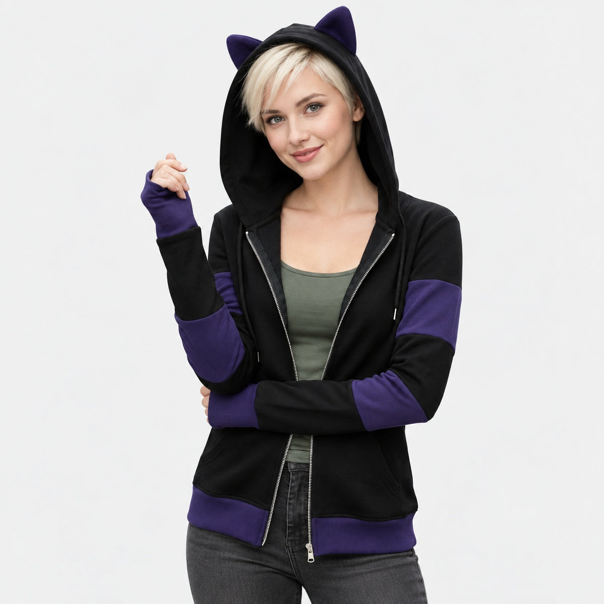 Striped cat ear zip hoodie lifestyle view
