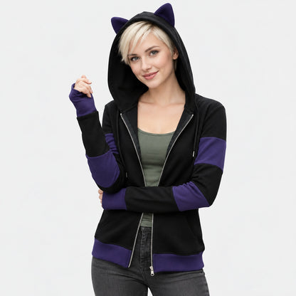 Striped cat ear zip hoodie lifestyle view