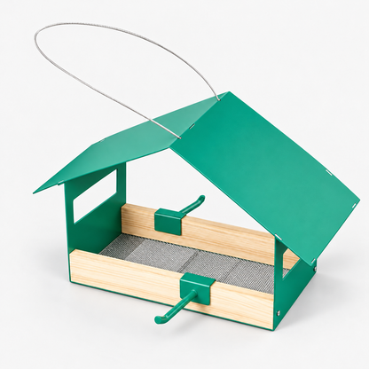 Hanging Metal Bird House Feeder with Stainless Steel Mesh Tray, Rainproof Roof & Perch