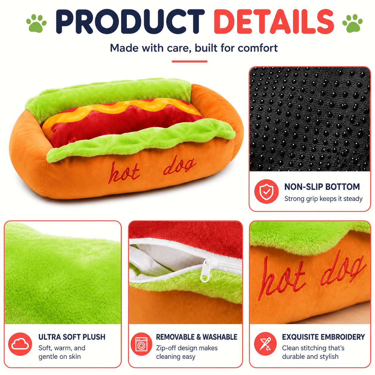 The Viral Hot Dog & Sausage Bun Bed for Small to Medium Dogs