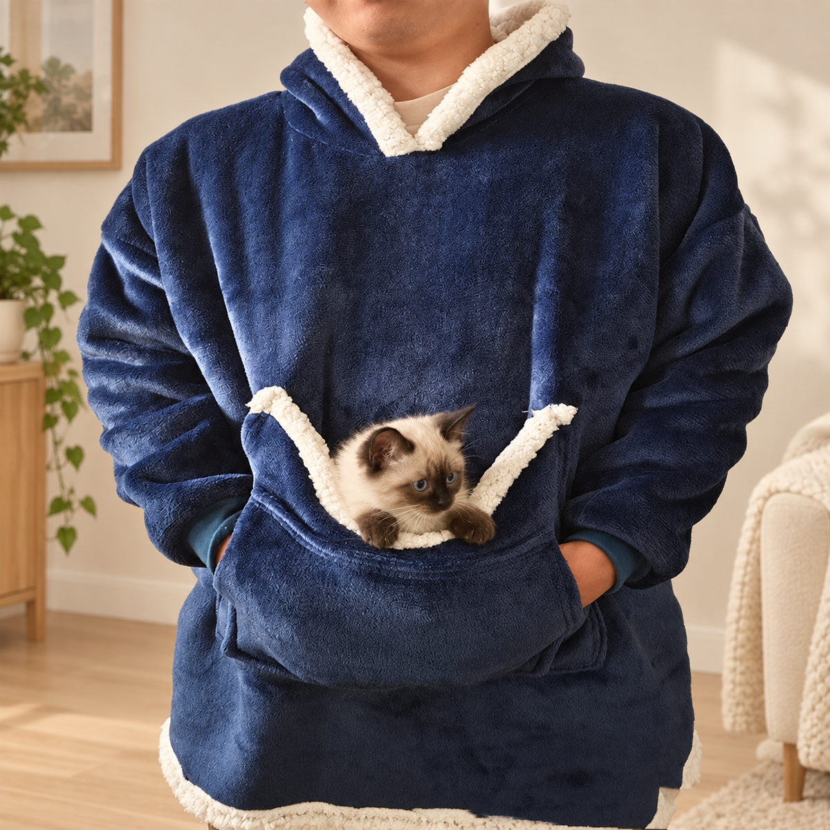 Navy wearable blanket hoodie with cat pouch close-up
