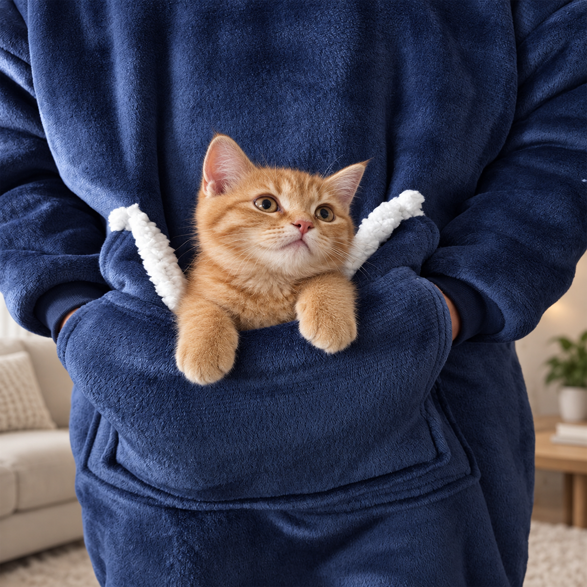Ginger cat resting in navy hoodie pouch