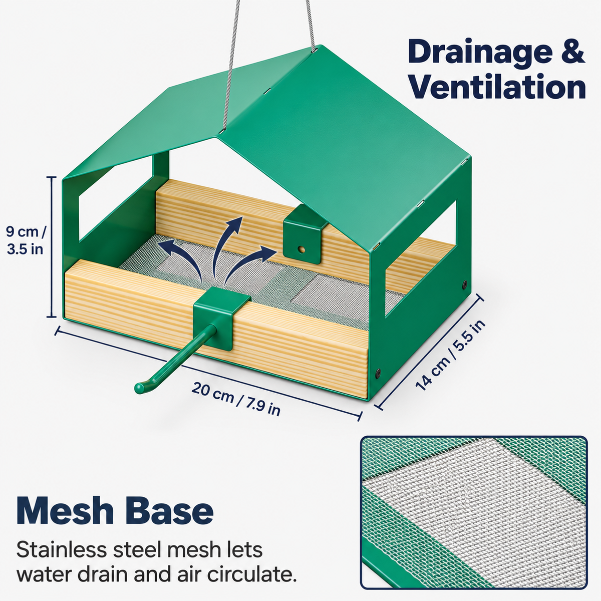 Hanging Metal Bird House Feeder with Stainless Steel Mesh Tray, Rainproof Roof & Perch