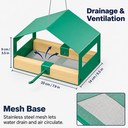 Hanging Metal Bird House Feeder with Stainless Steel Mesh Tray, Rainproof Roof & Perch