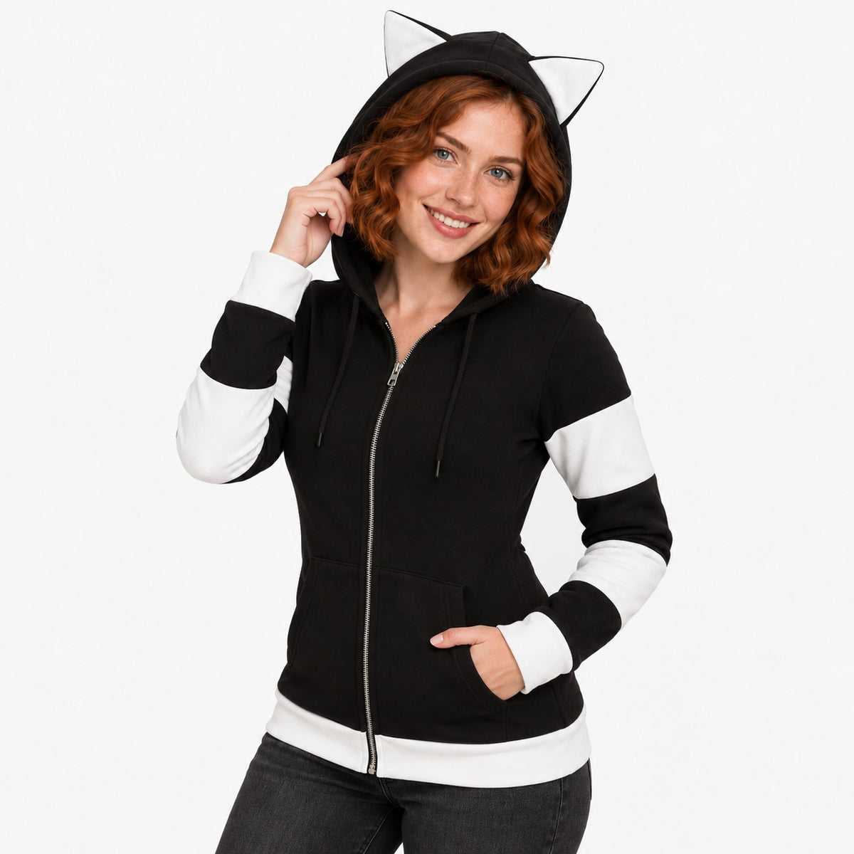 Striped cat ear zip hoodie lifestyle view