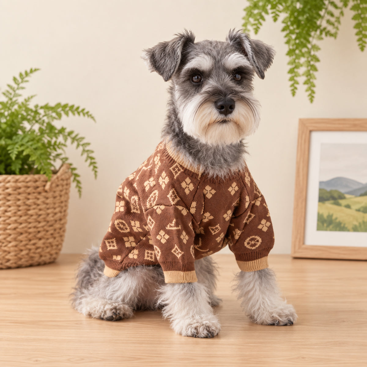 Dog sitting in a knit sweater