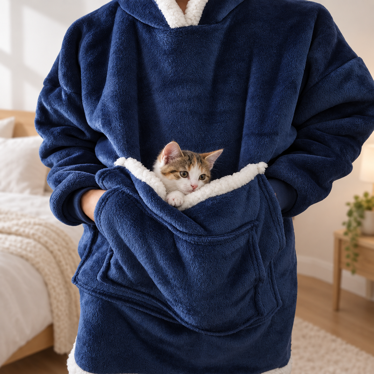 Calico cat nestled in a navy wearable blanket hoodie pouch