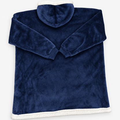 Back view of navy sherpa-lined wearable blanket hoodie