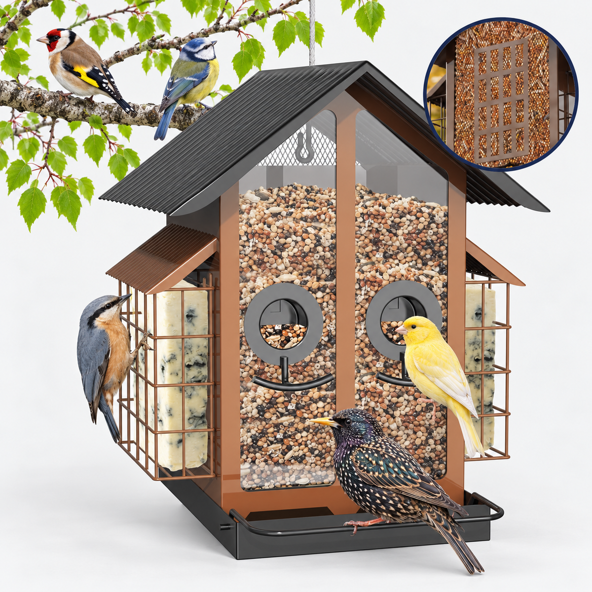 Hanging Metal Bird Feeder with Double Suet Cages and 2 kg Capacity & Weatherproof Roof