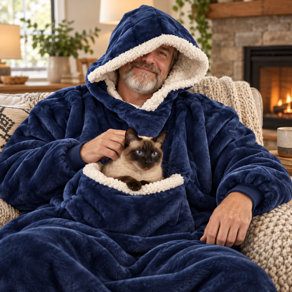Man relaxing with a Siamese cat in a navy blanket hoodie