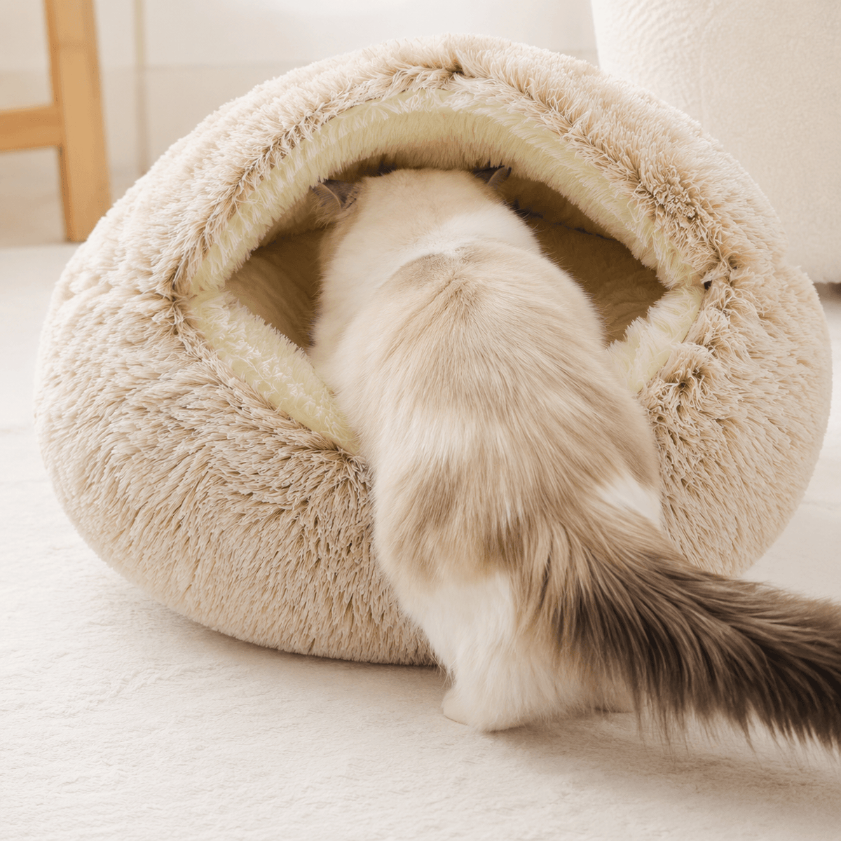 Plush Calming Pet Hooded Cave Bed For Cats & Small Dogs