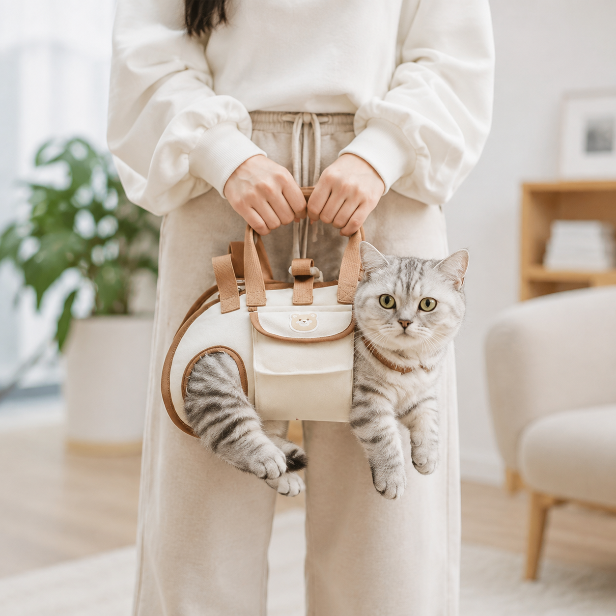 British Shorthair cat in cream and brown pet carrier
