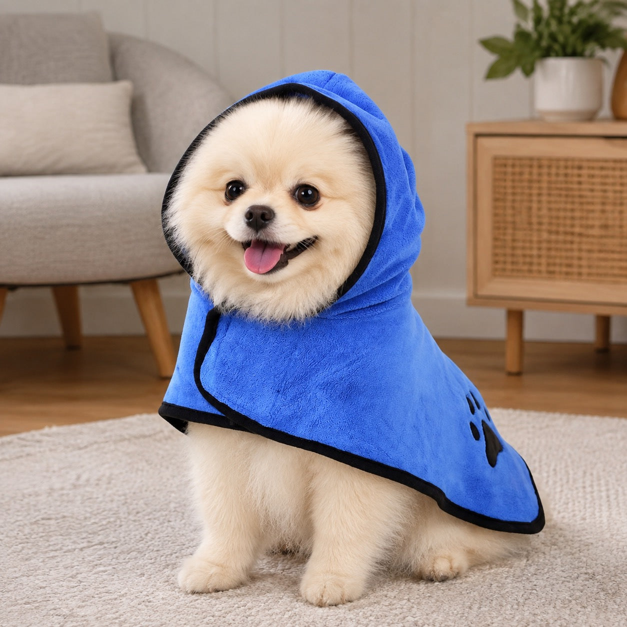 Pomeranian wearing blue drying robe