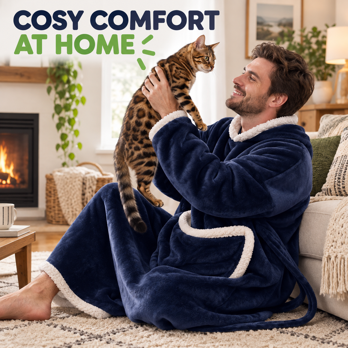 Cosy comfort at home in a navy wearable blanket hoodie