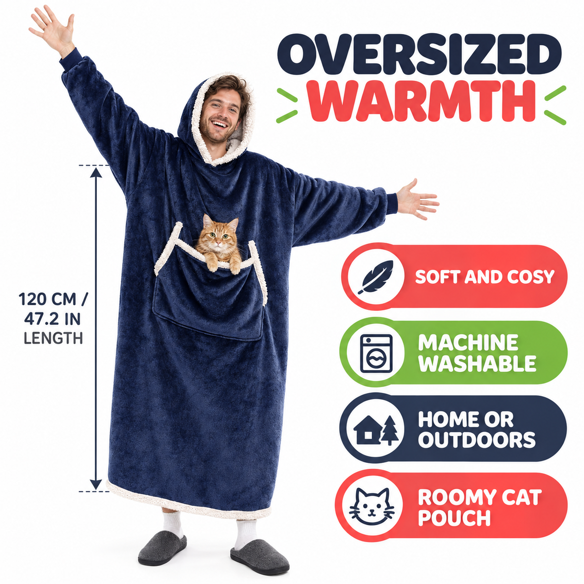 Oversized navy wearable blanket hoodie features and 120 cm length