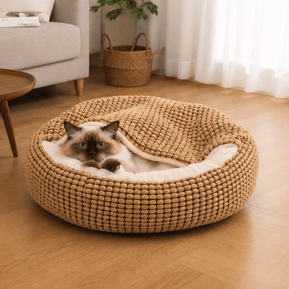 Plush Pet Doughnut Cave Bed With Blanket