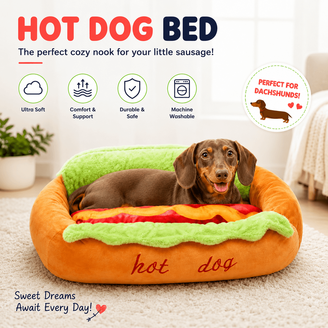 The Viral Hot Dog & Sausage Bun Bed for Small to Medium Dogs