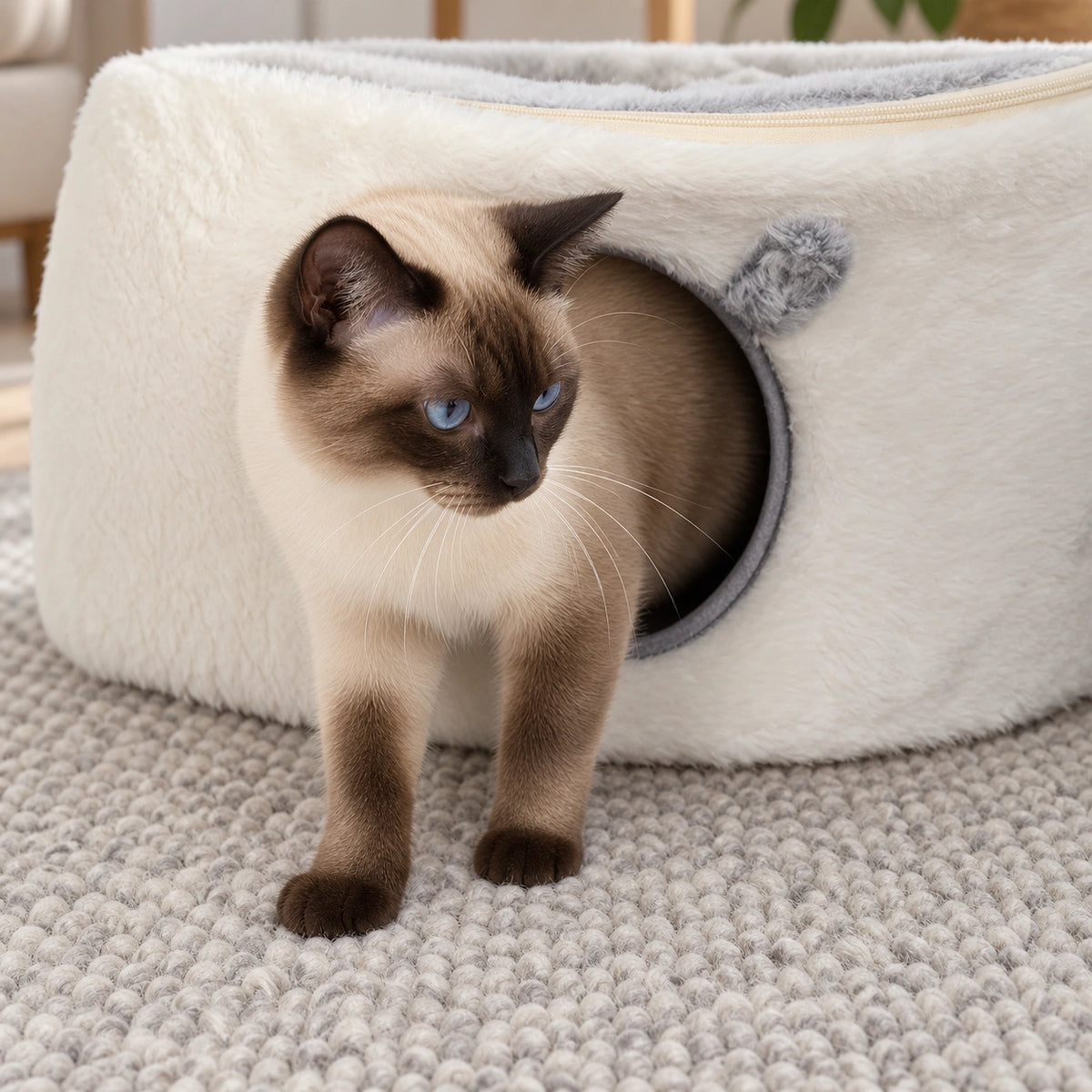 Cats resting in a plush cave bed
