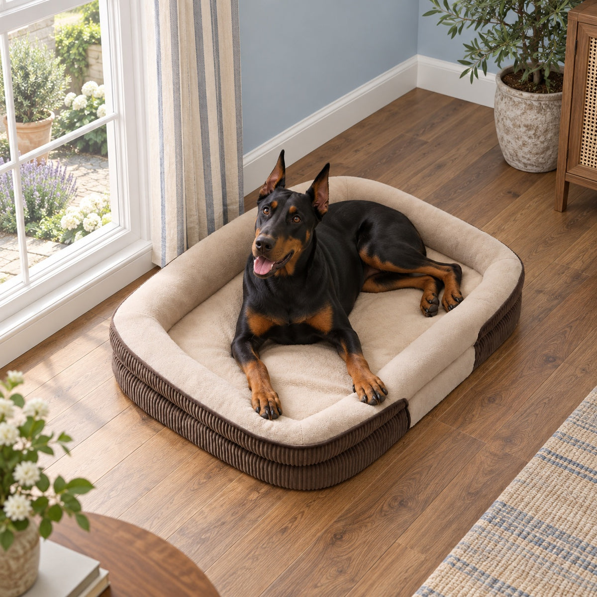 Dog resting by a window in a padded bed