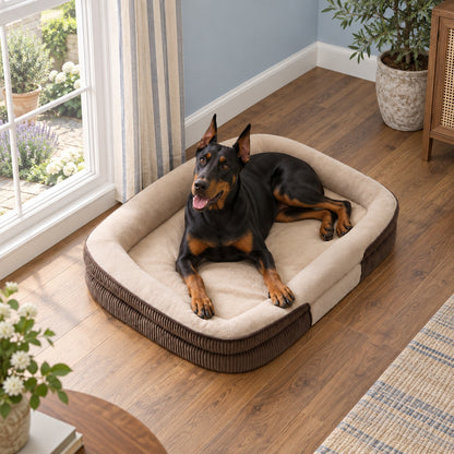 Dog resting by a window in a padded bed
