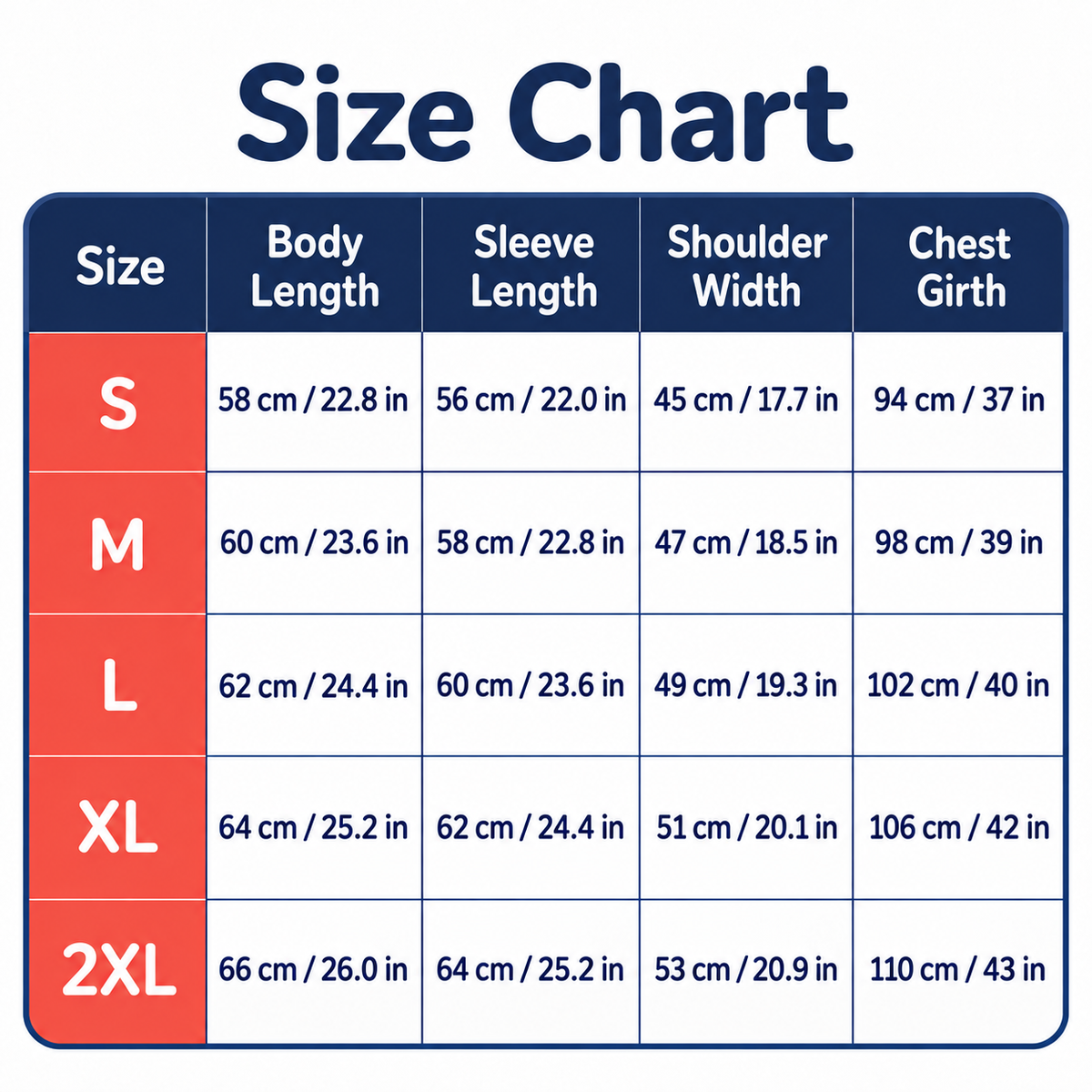 Size chart for Shiba Inu hooded jacket