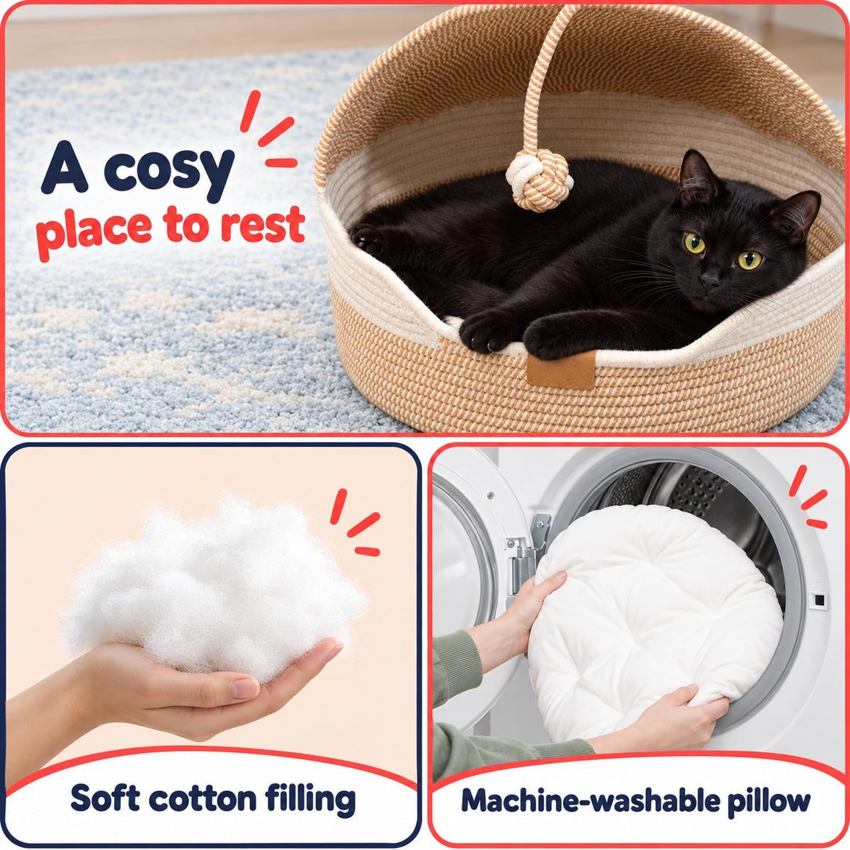 Handwoven Cat Cave Basket Bed with Cushion and Scratching Sisal