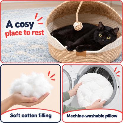 Handwoven Cat Cave Basket Bed with Cushion and Scratching Sisal