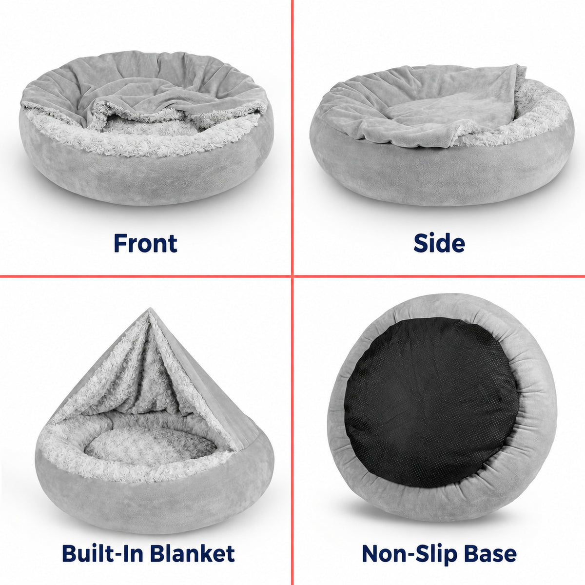 Hooded Pet Doughnut Cave Bed with Fluffy Bolsters for Dogs and Cats