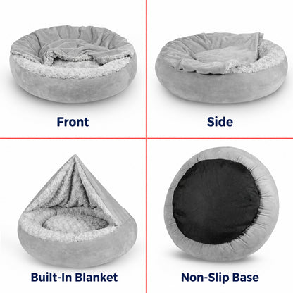 Hooded Pet Doughnut Cave Bed with Fluffy Bolsters for Dogs and Cats