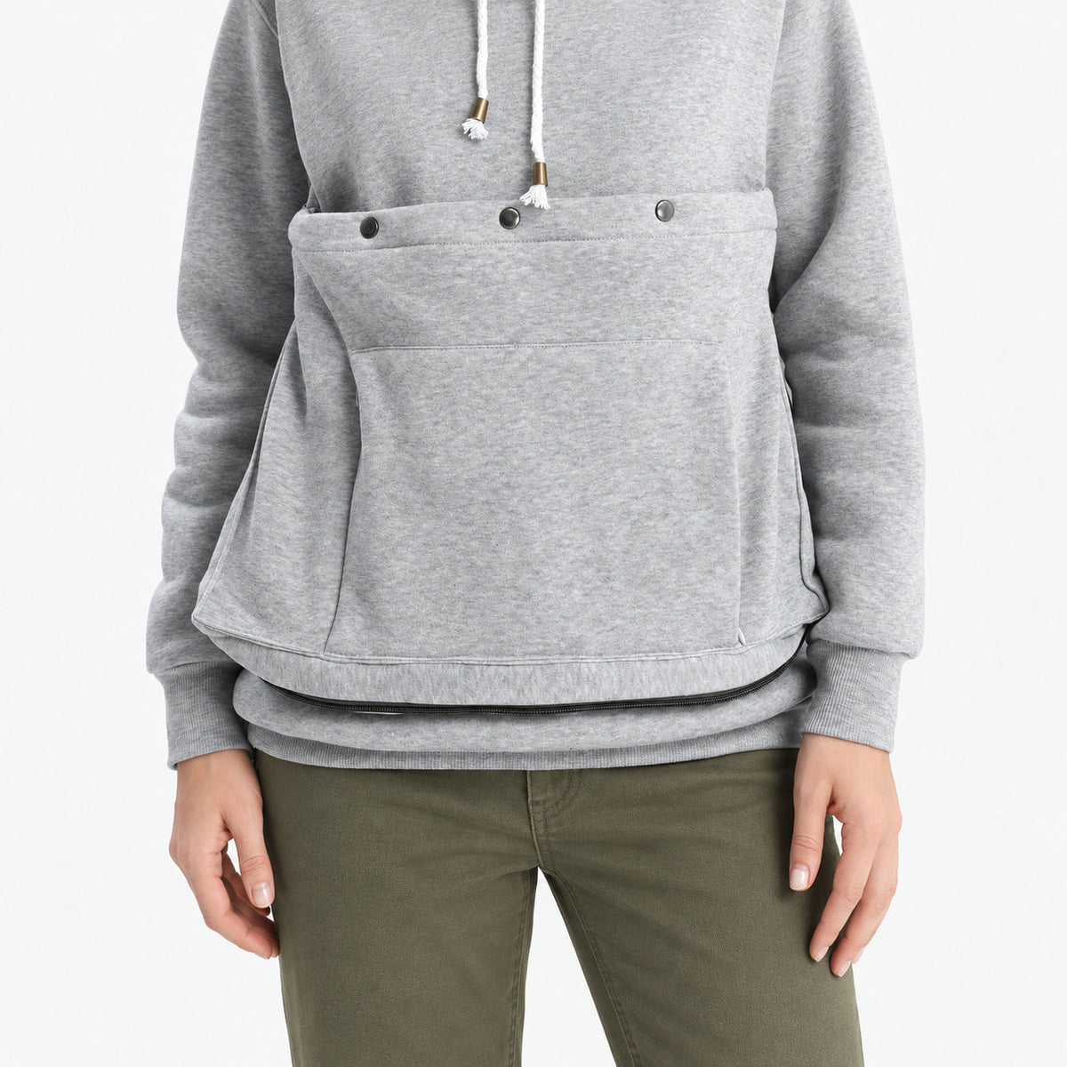 Pet carrier hoodie — pocket and zip detail