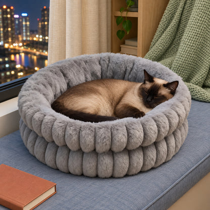 Plush Doughnut Pet Bed with Fluffy Bolsters for Dogs & Cats