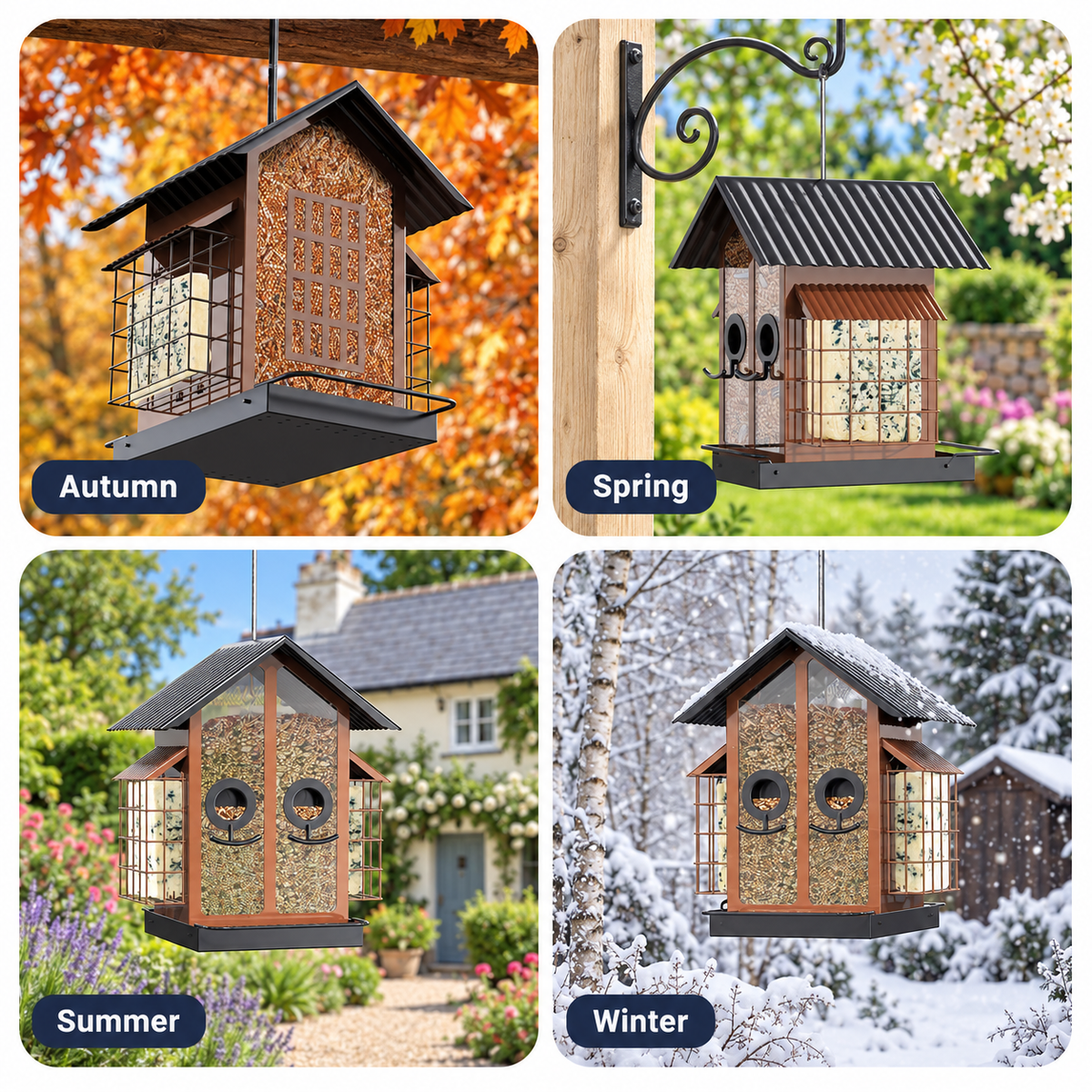 Hanging Metal Bird Feeder with Double Suet Cages and 2 kg Capacity & Weatherproof Roof