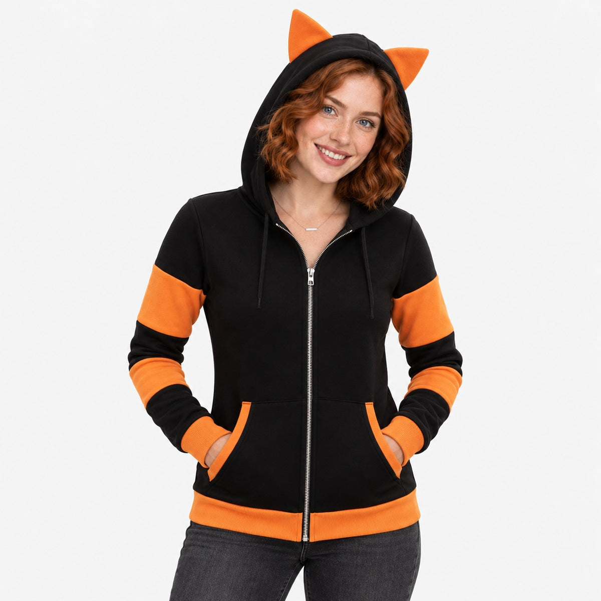 Striped cat ear zip hoodie lifestyle view
