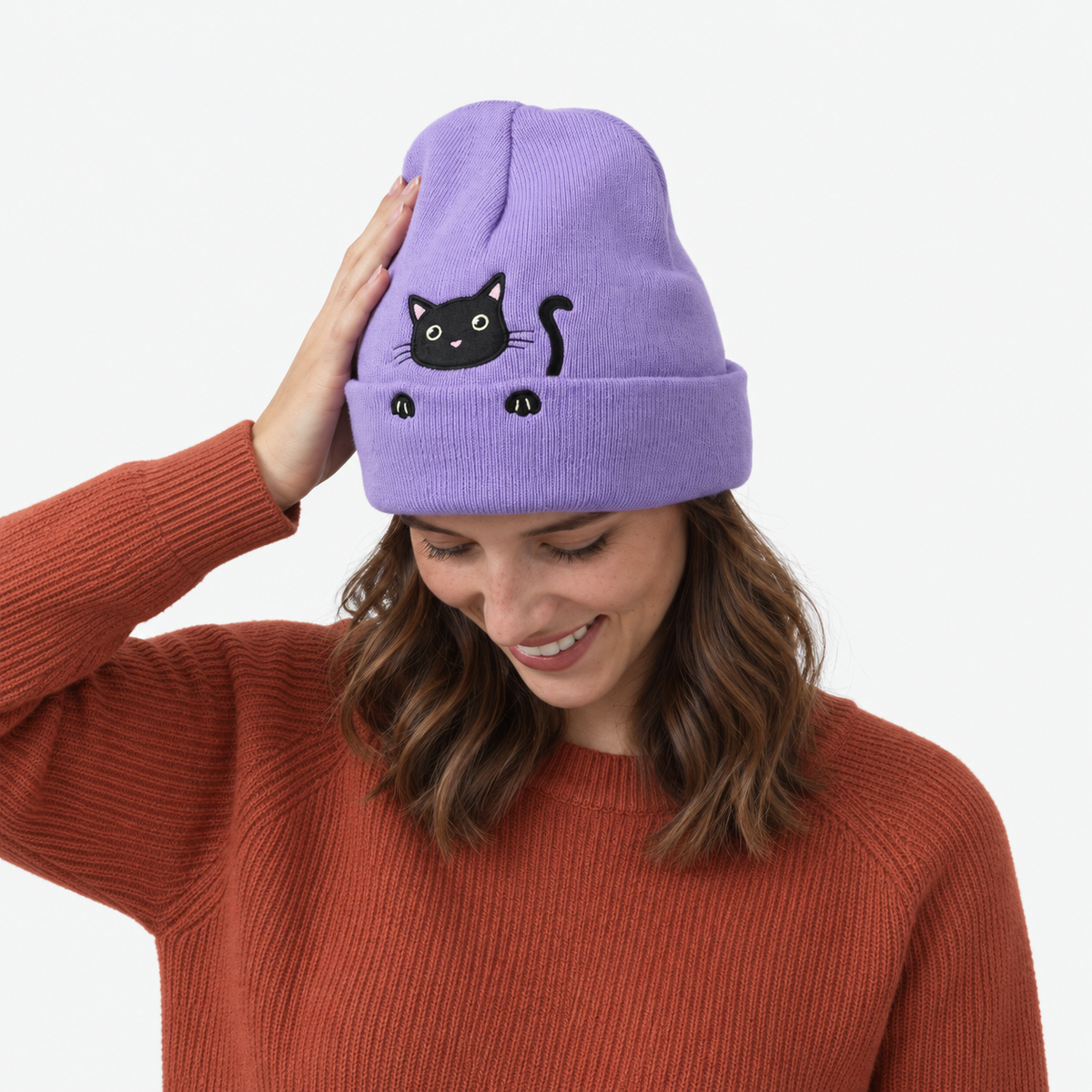 Cute Embroidered Cat Knitted Beanie with Fold-Up Cuff and Stretch Fit