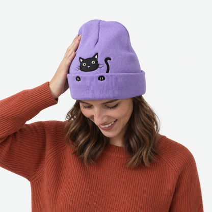 Cute Embroidered Cat Knitted Beanie with Fold-Up Cuff and Stretch Fit