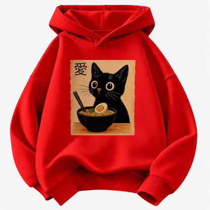 Cat Ramen Graphic Pullover Kids Hoodie with Front Pocket