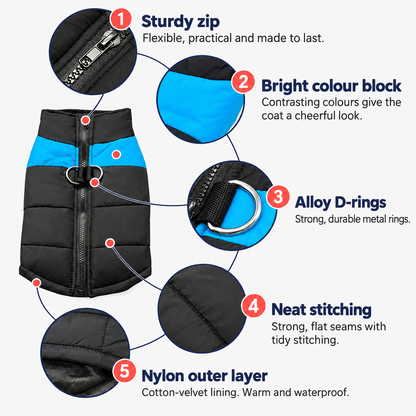 Warm and Waterproof Winter Dog Puffer Jacket & Coat with D-Ring Lead Attachment