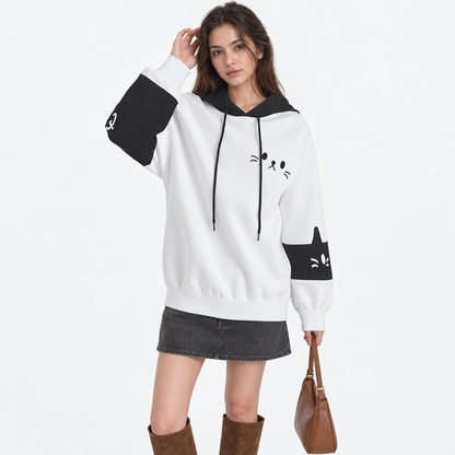Oversized Pullover Cat Ear Hoodie with Cute Cat Print and Colour-Block Sleeves