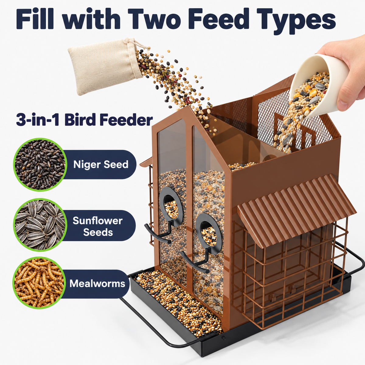 Hanging Metal Bird Feeder with Double Suet Cages and 2 kg Capacity & Weatherproof Roof