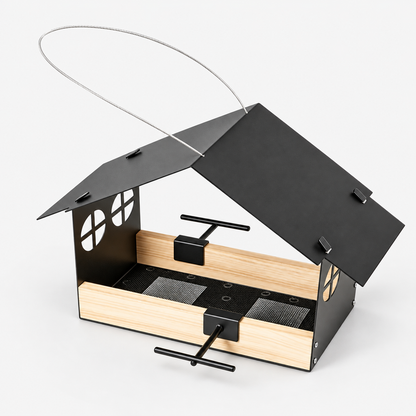 Hanging Metal Bird House Feeder with Stainless Steel Mesh Tray, Rainproof Roof & Perch