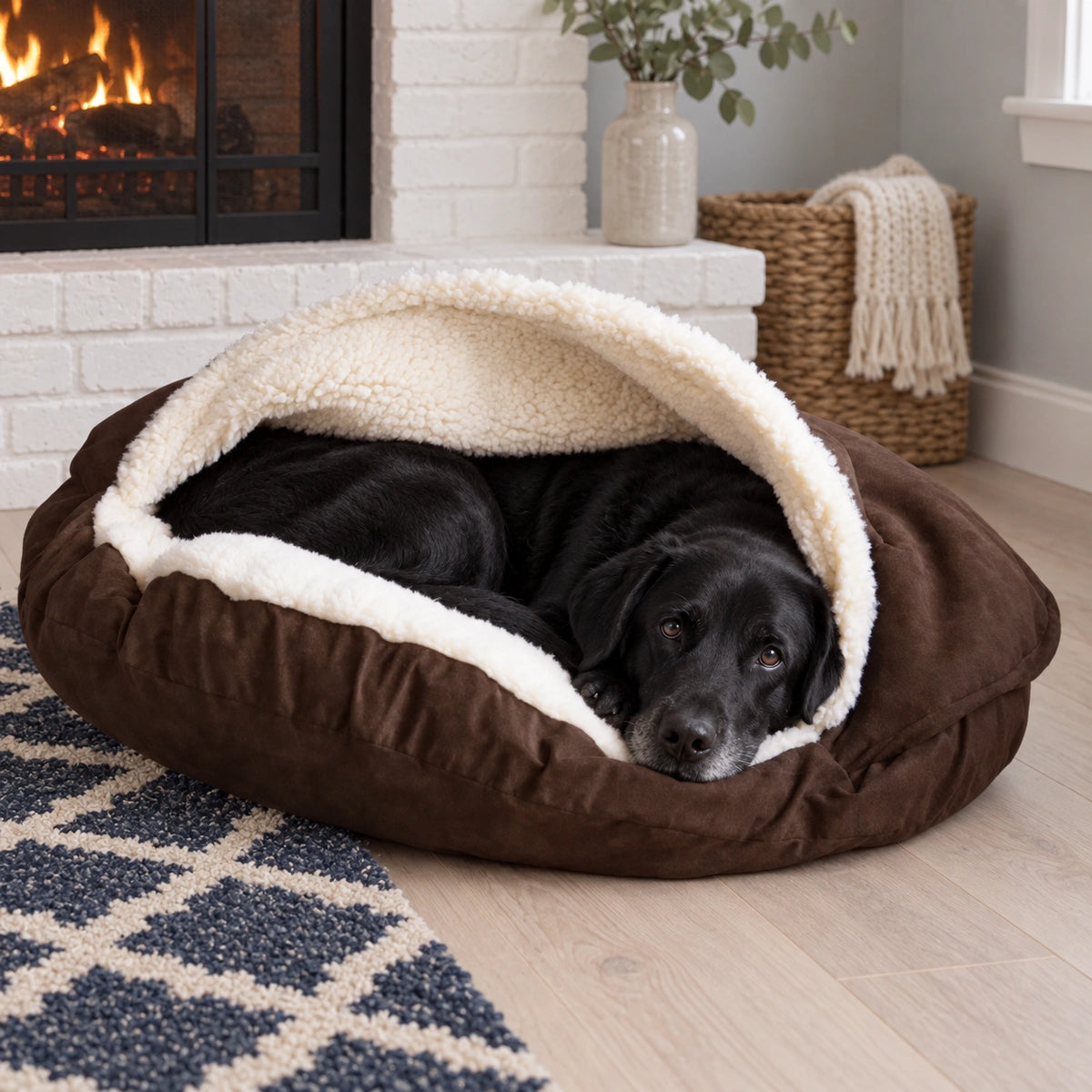 Dog curled in a brown cave bed