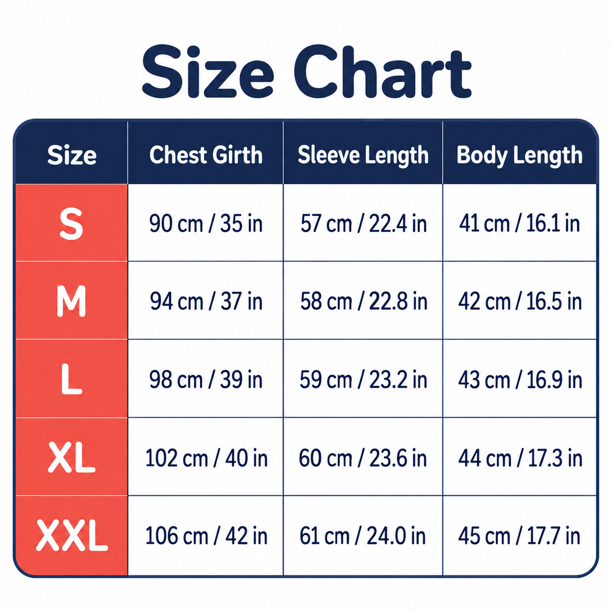 Size chart for Slim short hooded sweater