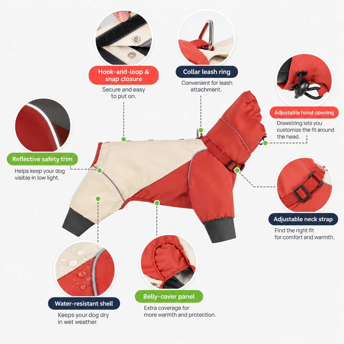 Waterproof Reflective Dog Raincoat Jacket with Adjustable Hood Built-In D-Ring & Hook and Loop Fastening