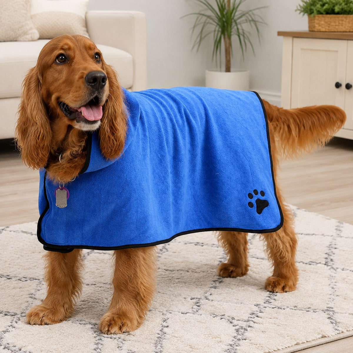 Cocker spaniel wearing blue drying robe