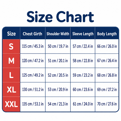 Two-pocket hoodie size chart in centimetres and inches