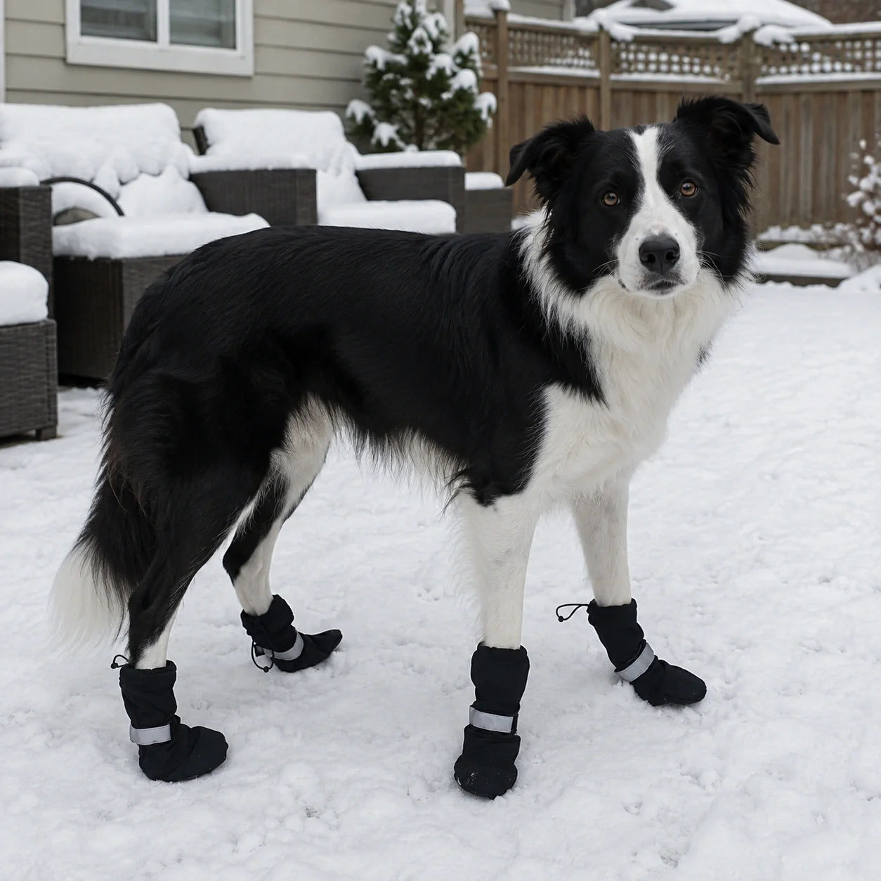 Border Collie wearing black dog boots in snow