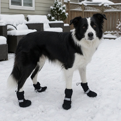 Border Collie wearing black dog boots in snow