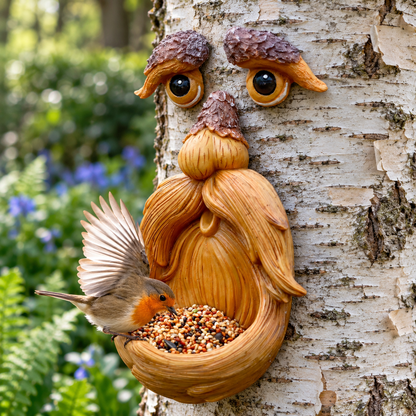 Resin Tree Face Bird Feeder Sculpture with Large Feeding Dish for Garden Décor