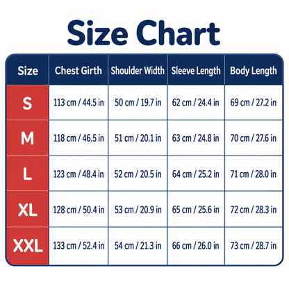 Pocket sweatshirt size chart in centimetres and inches